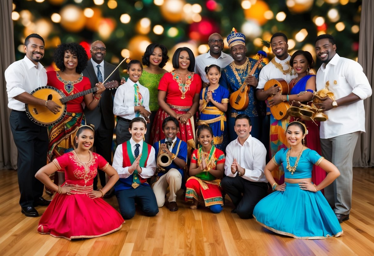 A diverse family gathers in a festive setting, with musical instruments and dancers of various cultural backgrounds coming together in celebration