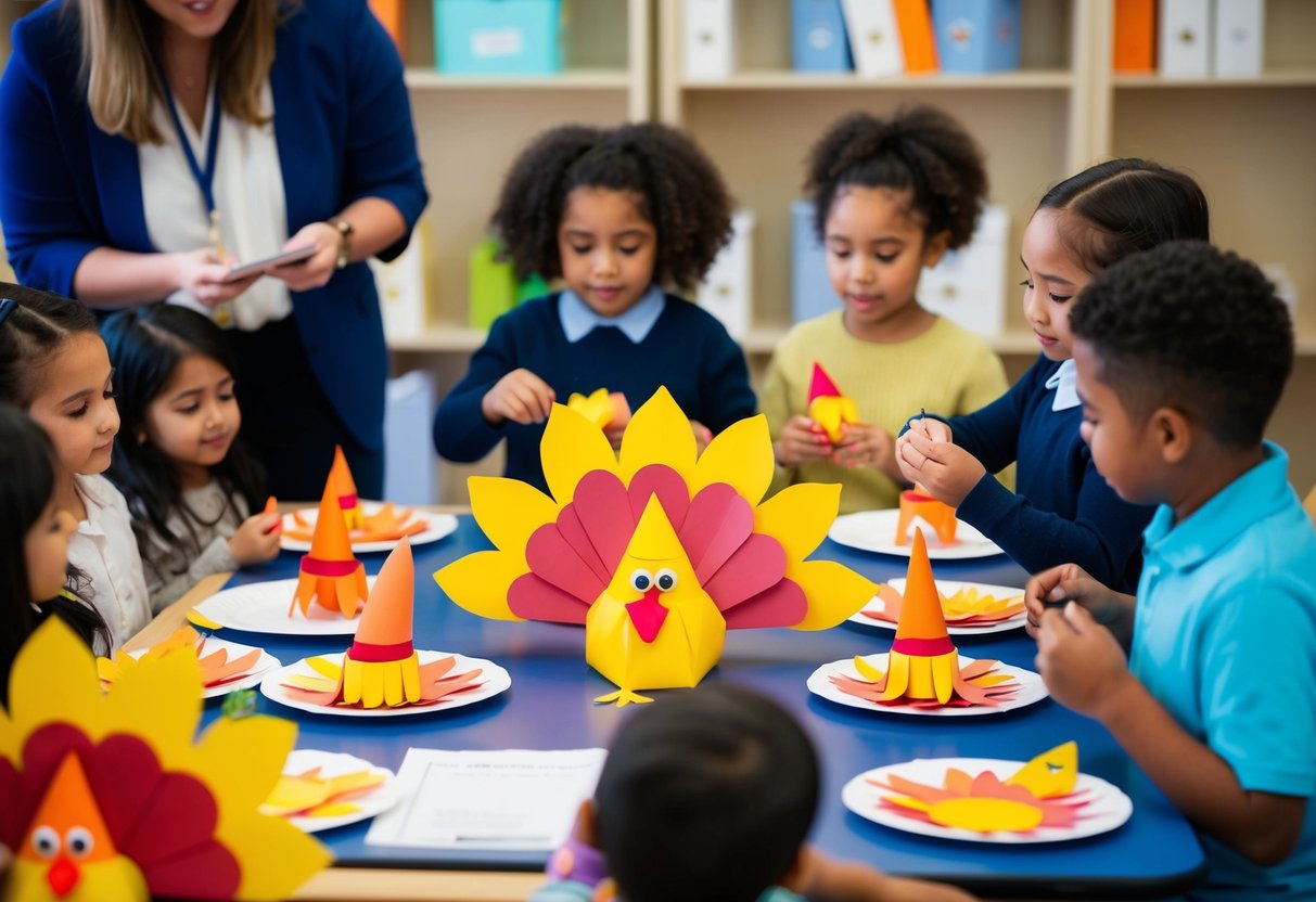 Children gathered around a table, crafting paper turkeys and cornucopias. A teacher explains the history of Thanksgiving as they work