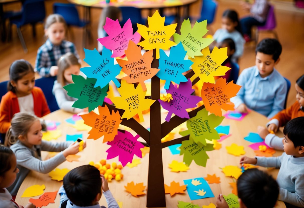 A colorful tree with paper leaves, each displaying something a child is thankful for, surrounded by children participating in various activities related to Thanksgiving