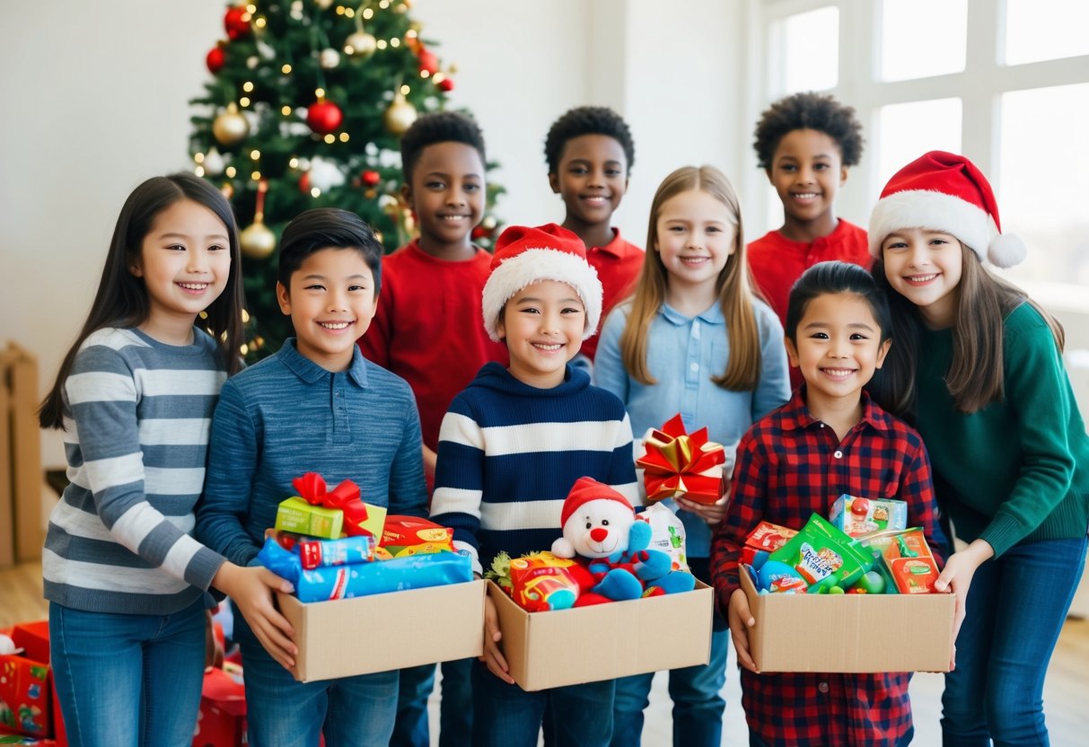 A group of children happily donating toys and food to a local charity during the holiday season