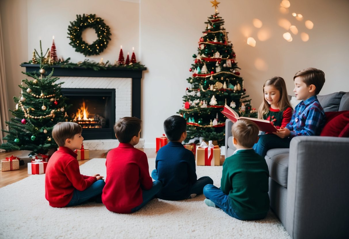 A cozy living room with a crackling fireplace, a decorated Christmas tree, and children gathered around listening to a story about the true meaning of Christmas