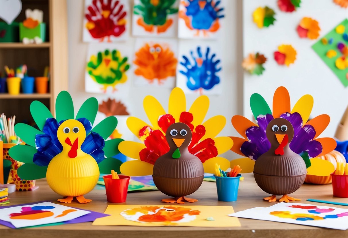 A group of colorful handprint turkeys arranged on a table, surrounded by craft supplies and children's artwork