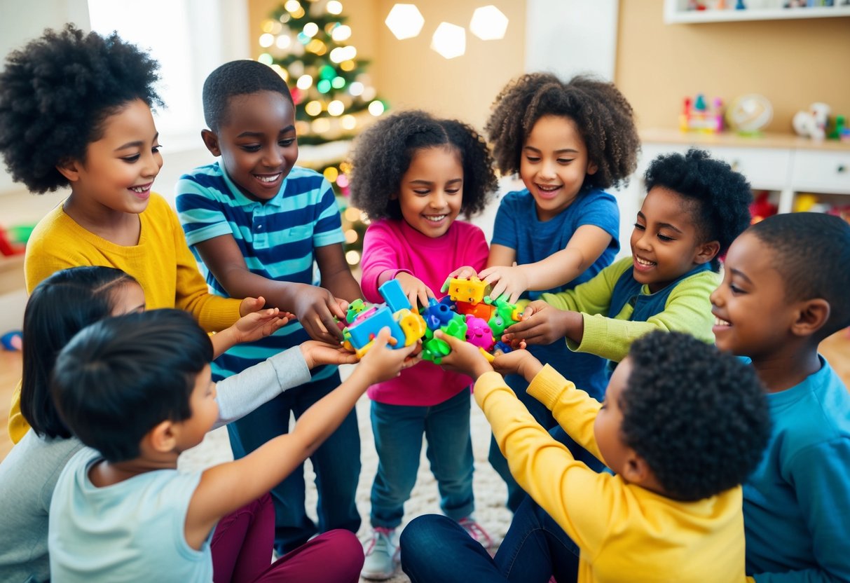 Children happily exchanging toys in a circle, smiling and laughing. A diverse group of kids of various ages and genders are involved in the joyful act of giving