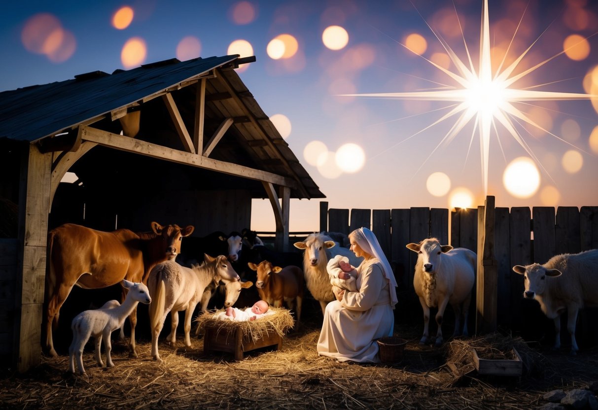 A star shines brightly over a humble stable, where animals gather around a manger holding a newborn baby