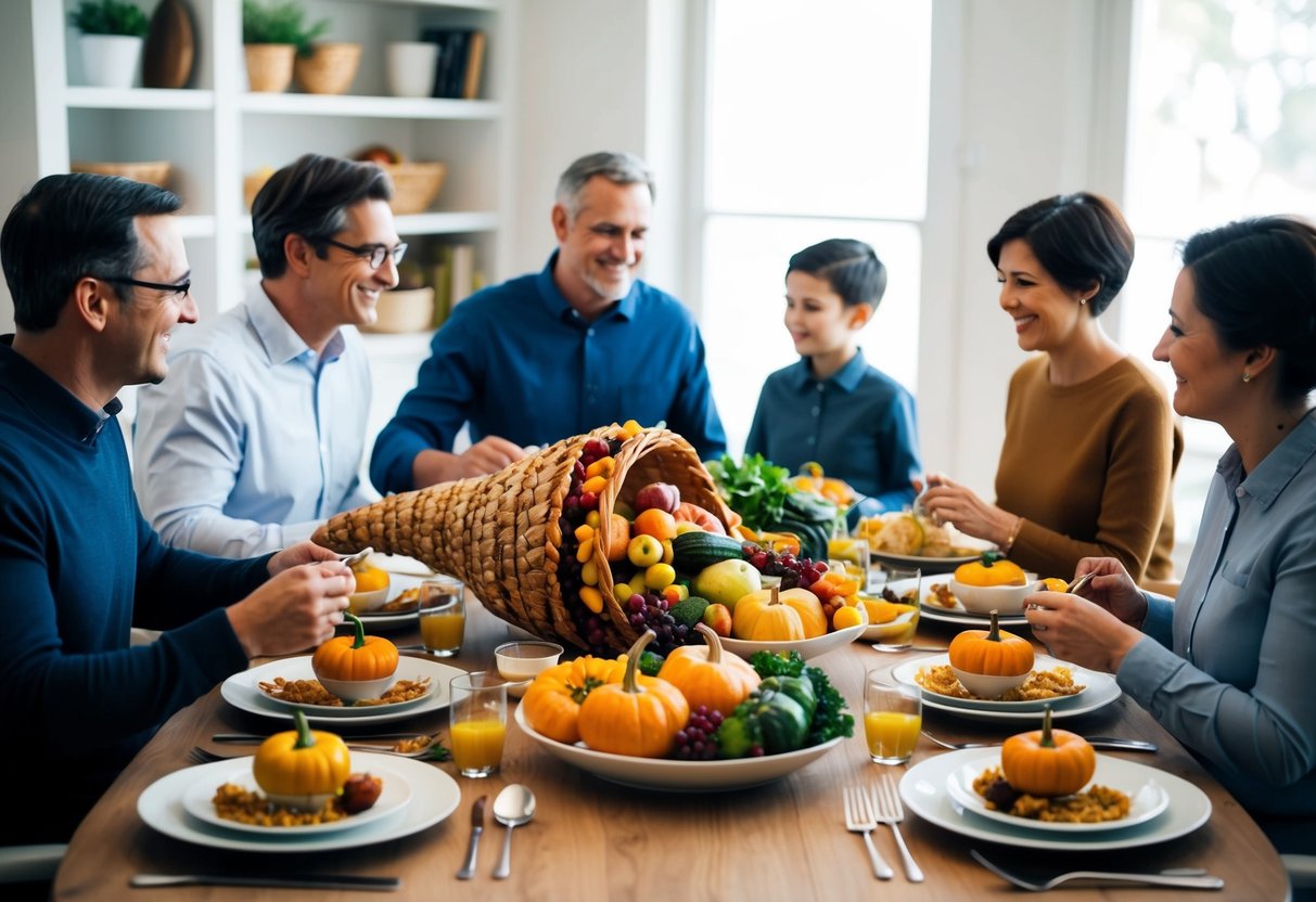 A family gathered around a table, sharing a meal with traditional Thanksgiving dishes. A cornucopia filled with fruits and vegetables sits in the center