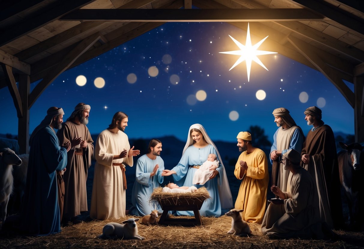 A peaceful night in a stable, with a manger, animals, and a glowing star above, as Mary, Joseph, and baby Jesus are surrounded by shepherds and wise men