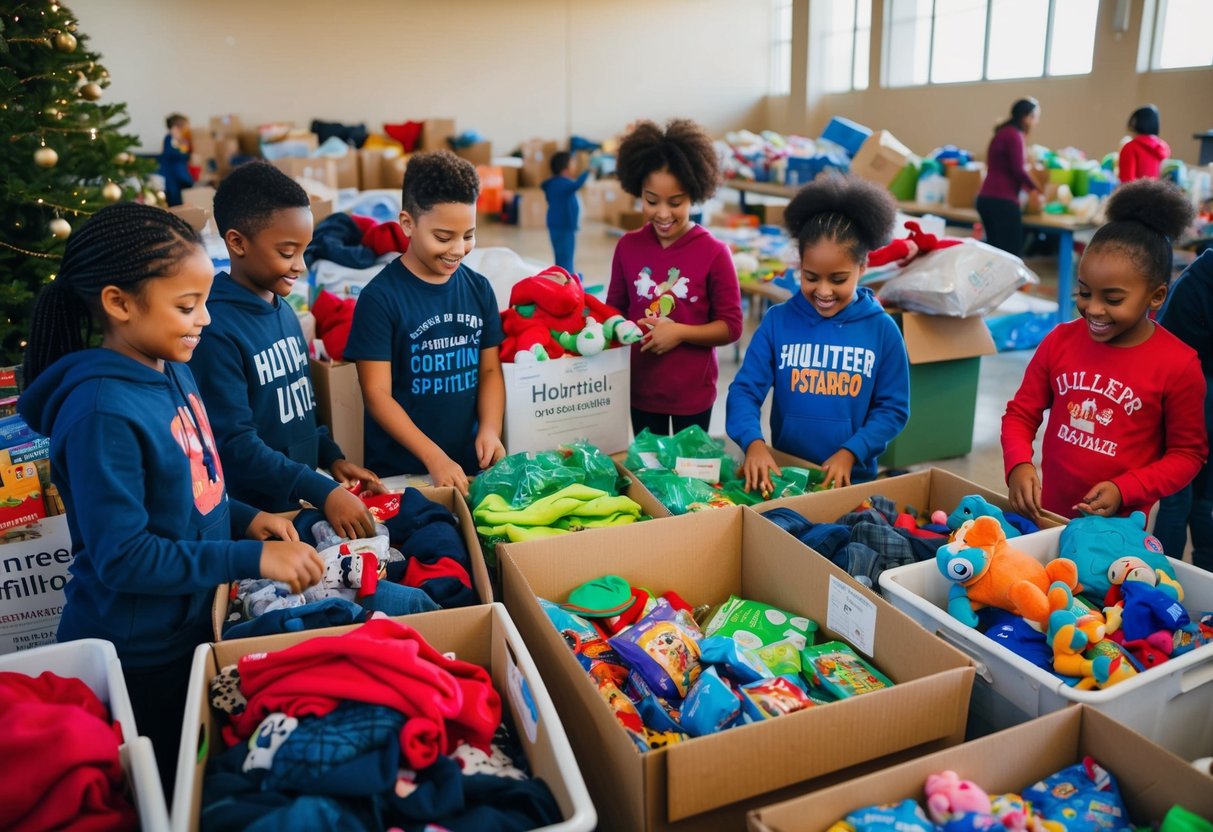 Children happily sorting and organizing donations at a shelter, surrounded by piles of clothing, toys, and food. Volunteers guide them, emphasizing the importance of giving during the holidays