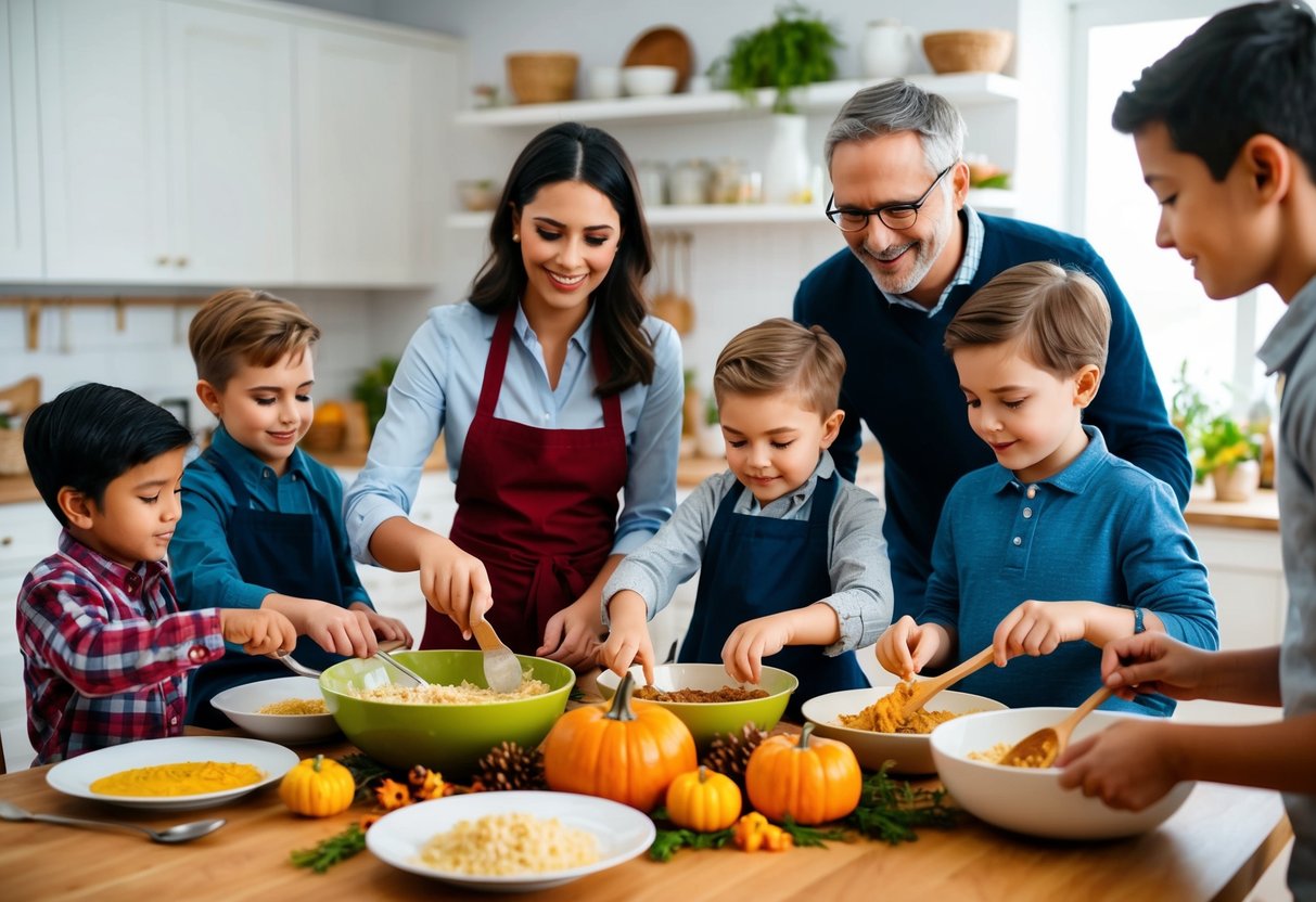 A family gathers around a kitchen table, mixing ingredients and cooking a traditional Thanksgiving recipe together. The children eagerly participate, learning about the holiday's history and significance