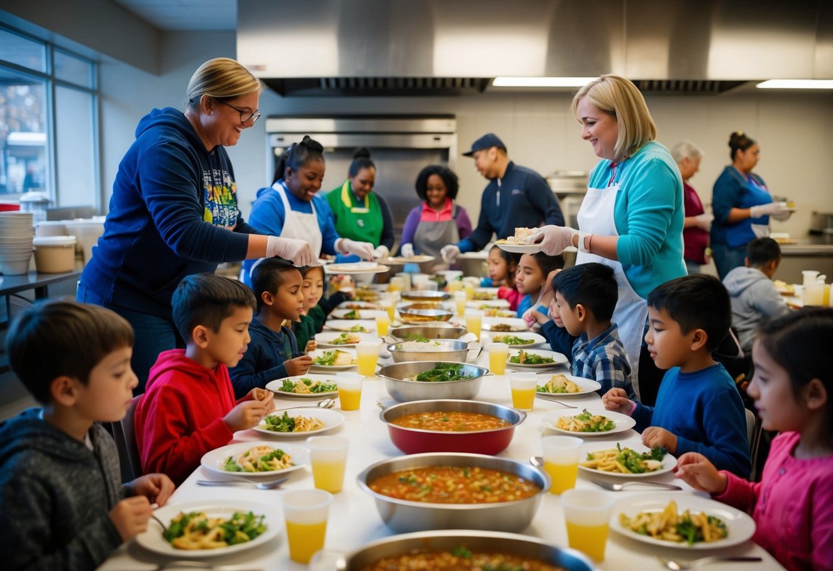 A group of children and adults are gathered around a long table, serving food and sharing meals with those in need at a local soup kitchen