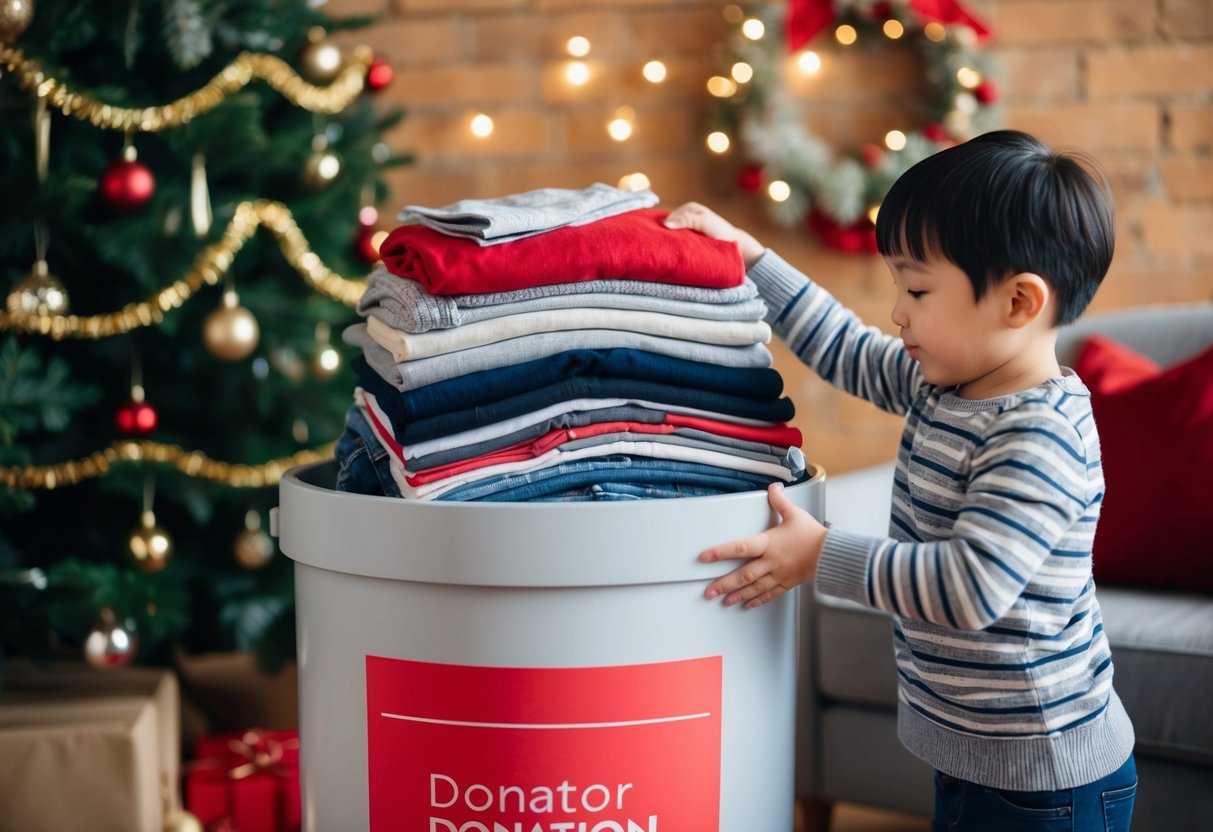 A child placing a pile of gently used clothes into a donation bin, surrounded by holiday decorations and a sense of warmth and generosity