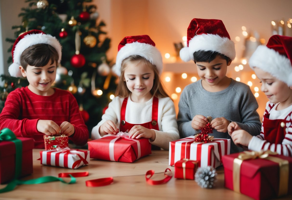 Children crafting and wrapping gifts with festive decorations and ribbons, surrounded by a cozy and warm holiday atmosphere