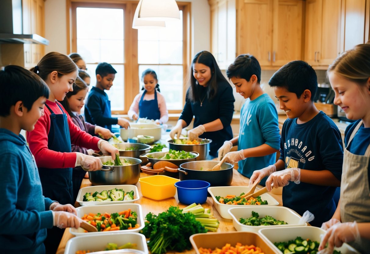 A group of children and adults gather in a kitchen, chopping vegetables, stirring pots, and packing meals into containers. The room is filled with warmth and the sound of laughter as they work together to prepare food for those in need