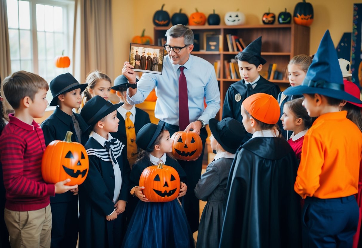 A group of children in historical Halloween costumes gather around a teacher, who is holding up a visual aid to explain the history of Halloween