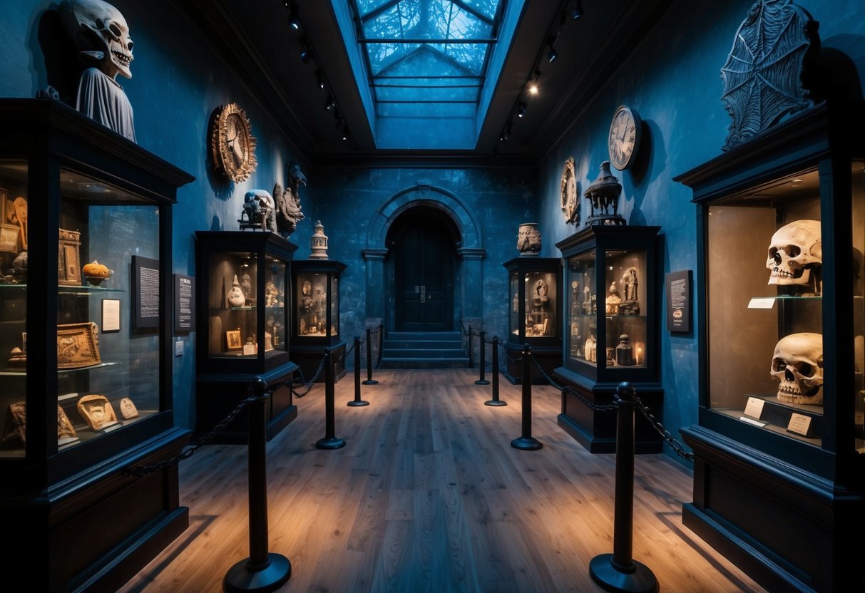 A spooky old museum filled with eerie artifacts and dimly lit displays, showcasing the history of Halloween through ancient traditions and creepy folklore