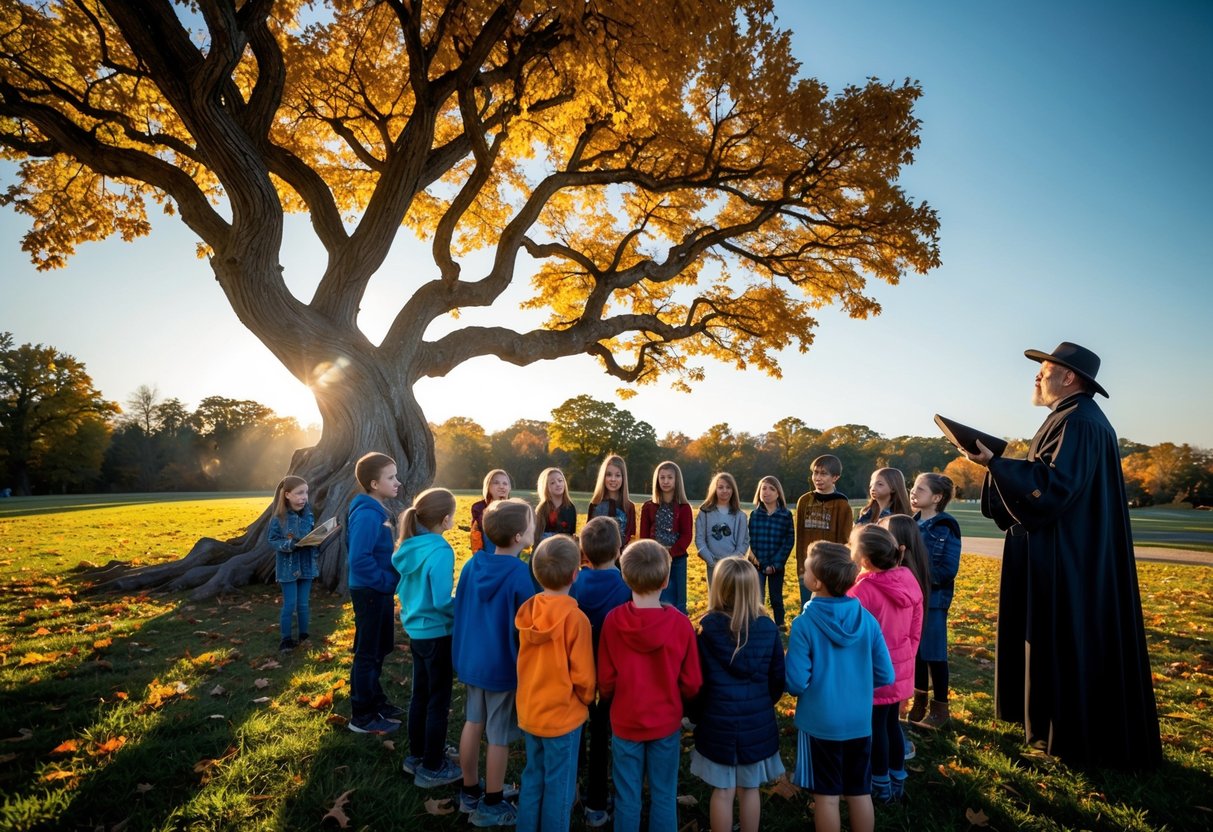 A group of children gather around a large, gnarled tree with twisted branches, its leaves ablaze with autumn colors. The setting sun casts long, eerie shadows as the kids eagerly listen to a storyteller recounting the history of Halloween