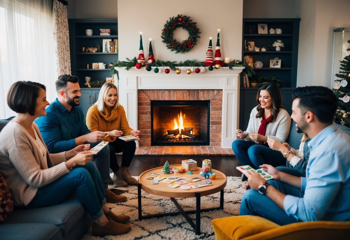 A cozy living room with a crackling fireplace, adorned with handmade decorations and surrounded by loved ones playing games and sharing stories