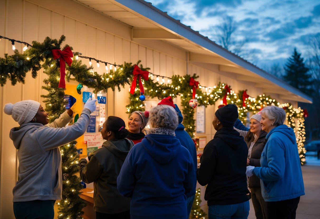 A group of volunteers decorate a shelter with festive lights and decorations, creating a warm and welcoming atmosphere for the holidays