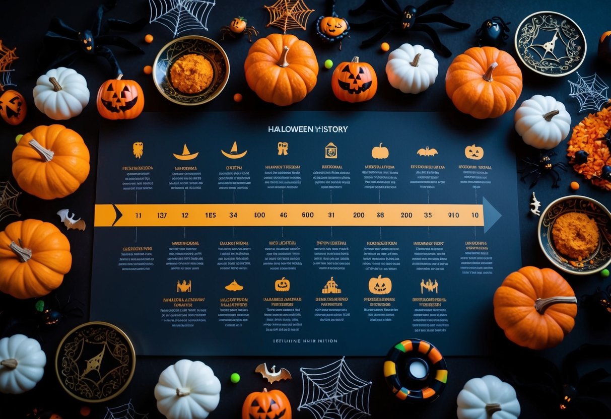 A timeline of Halloween history, with ancient rituals and modern traditions, surrounded by spooky decorations and symbols