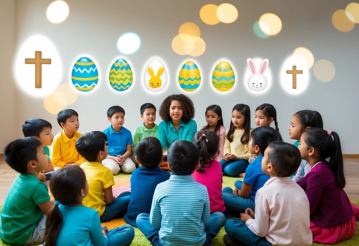 A group of children gathered around a storyteller, listening attentively as they are shown visuals of Easter symbols like eggs, bunnies, and crosses