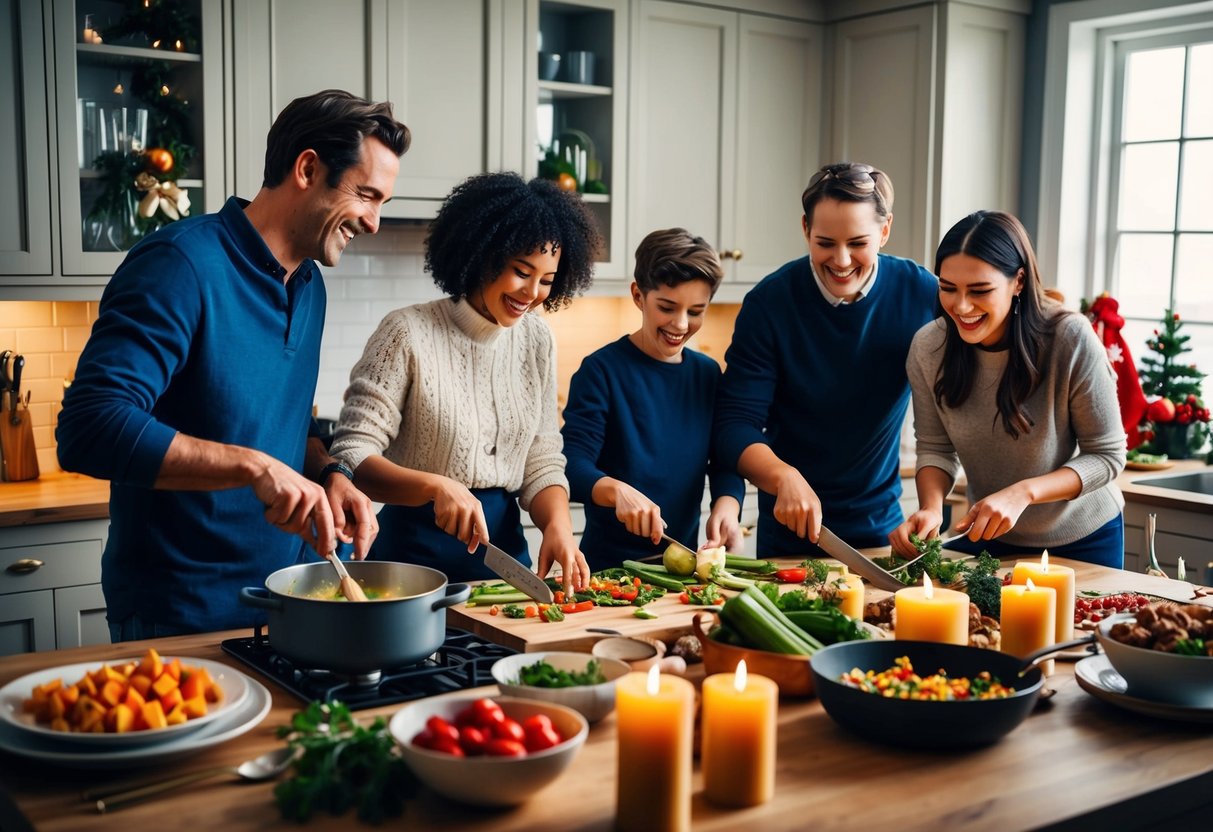 A family of four gathers around a kitchen island, chopping vegetables, stirring pots, and setting a festive table with candles and decorations. Laughter and warmth fill the room as they cook together