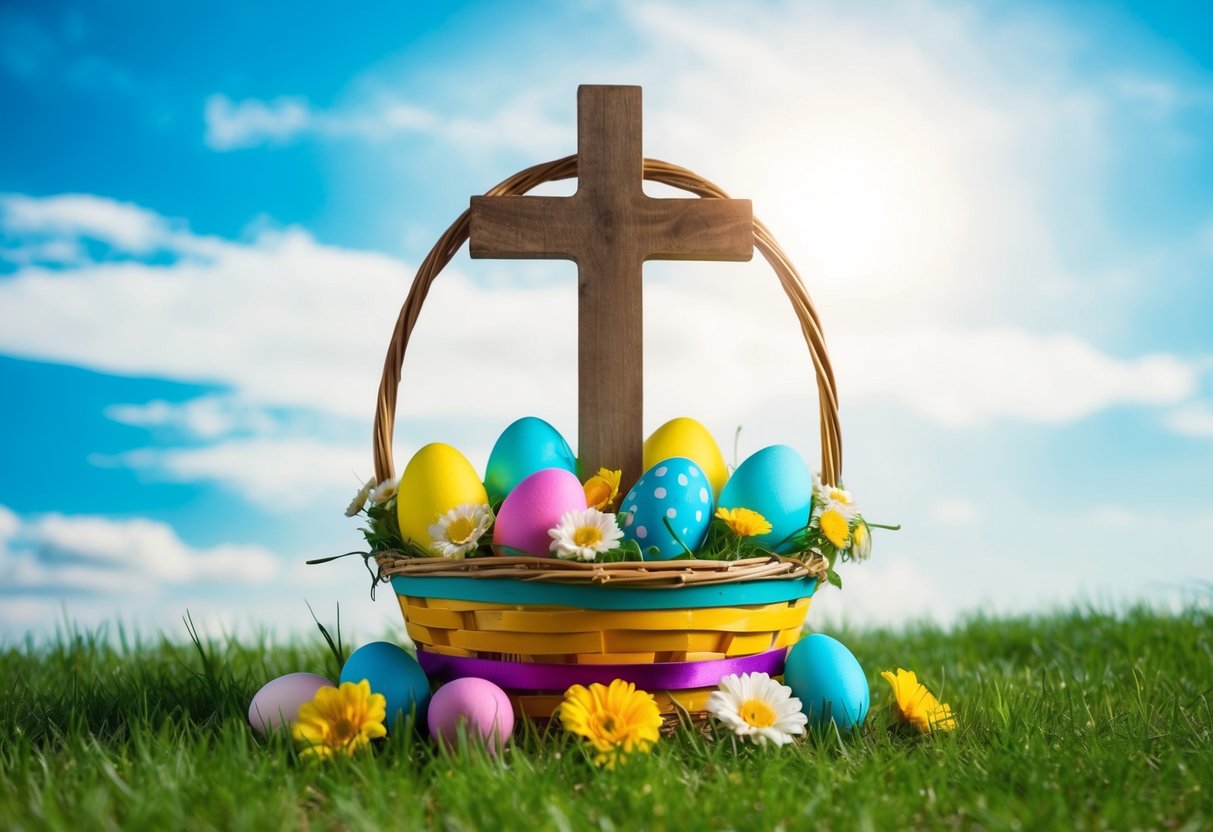 A colorful Easter basket filled with eggs, flowers, and a cross sits on a grassy field under a bright blue sky