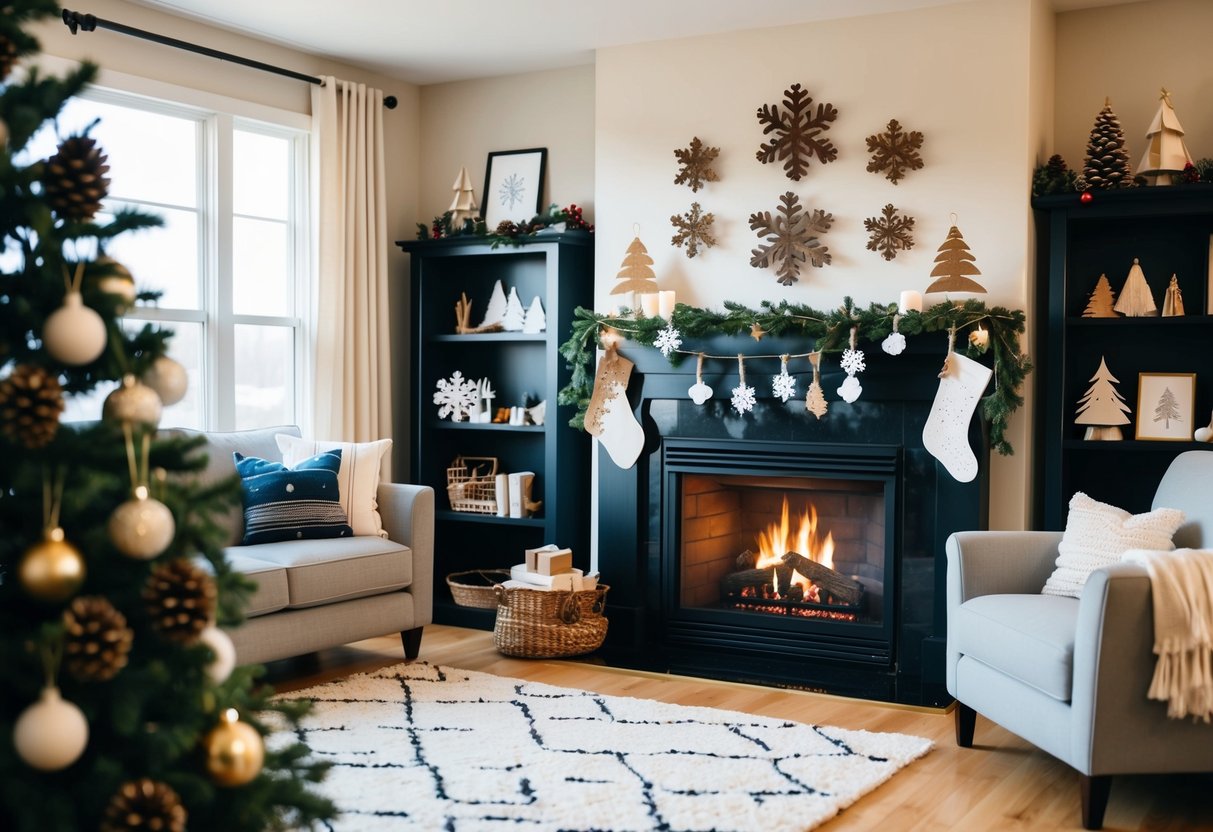 A cozy living room with a crackling fireplace, adorned with handmade holiday decorations such as paper snowflakes, pinecone garlands, and homemade ornaments hanging from the ceiling