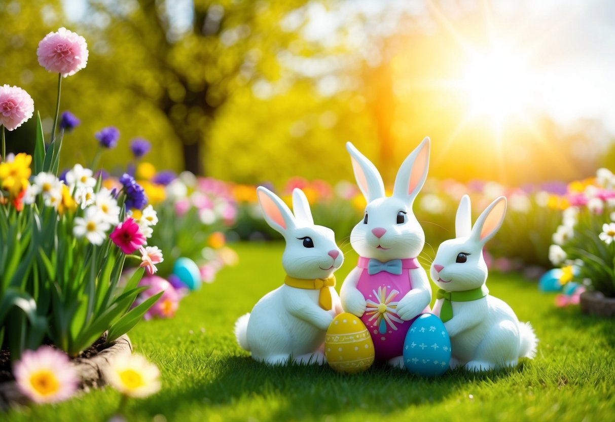 A colorful Easter garden with blooming flowers, a shining sun, and a peaceful bunny family celebrating the resurrection of Jesus