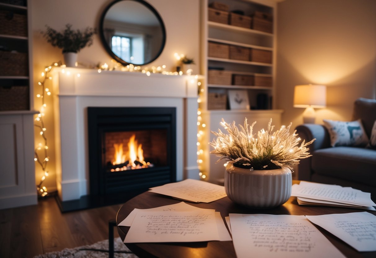 A cozy living room with a crackling fireplace, a table adorned with handwritten letters, and twinkling lights creating a warm and inviting atmosphere