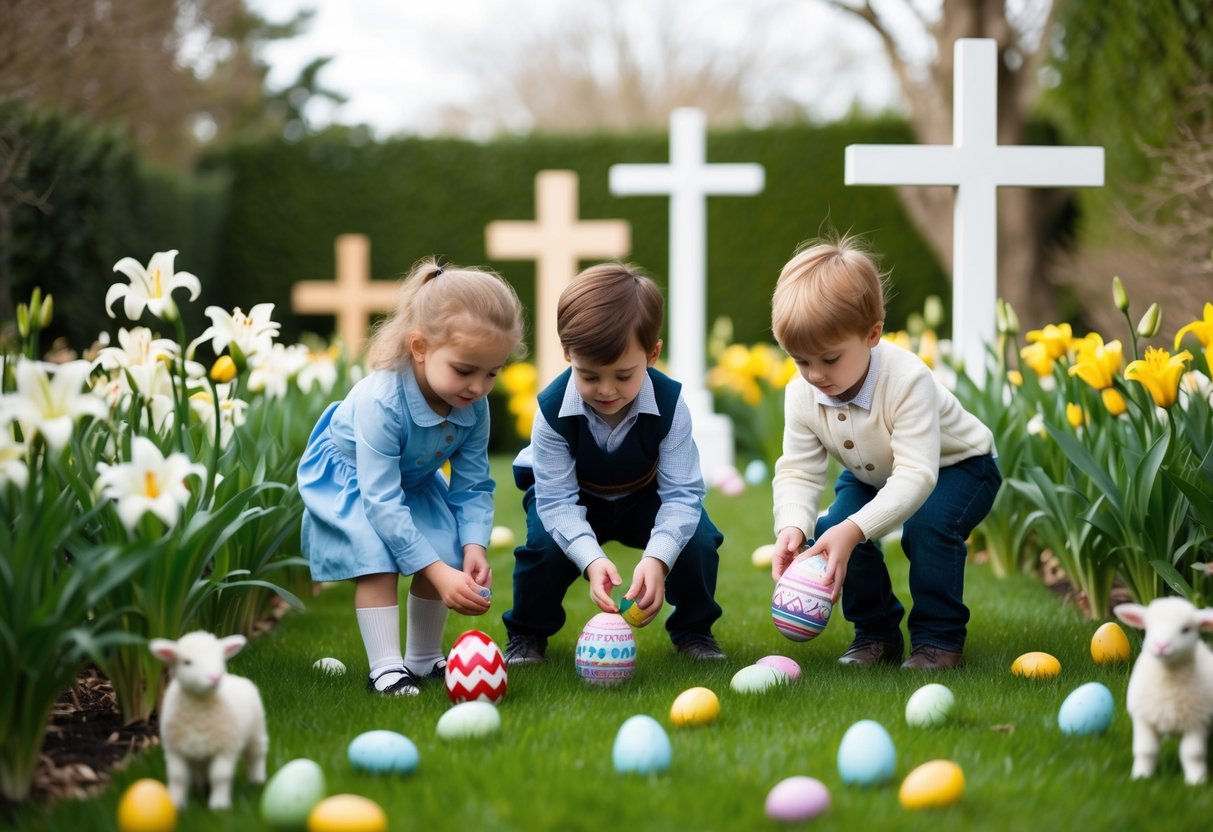 Children searching for Easter eggs in a garden filled with Biblical symbols like crosses, lambs, and lilies