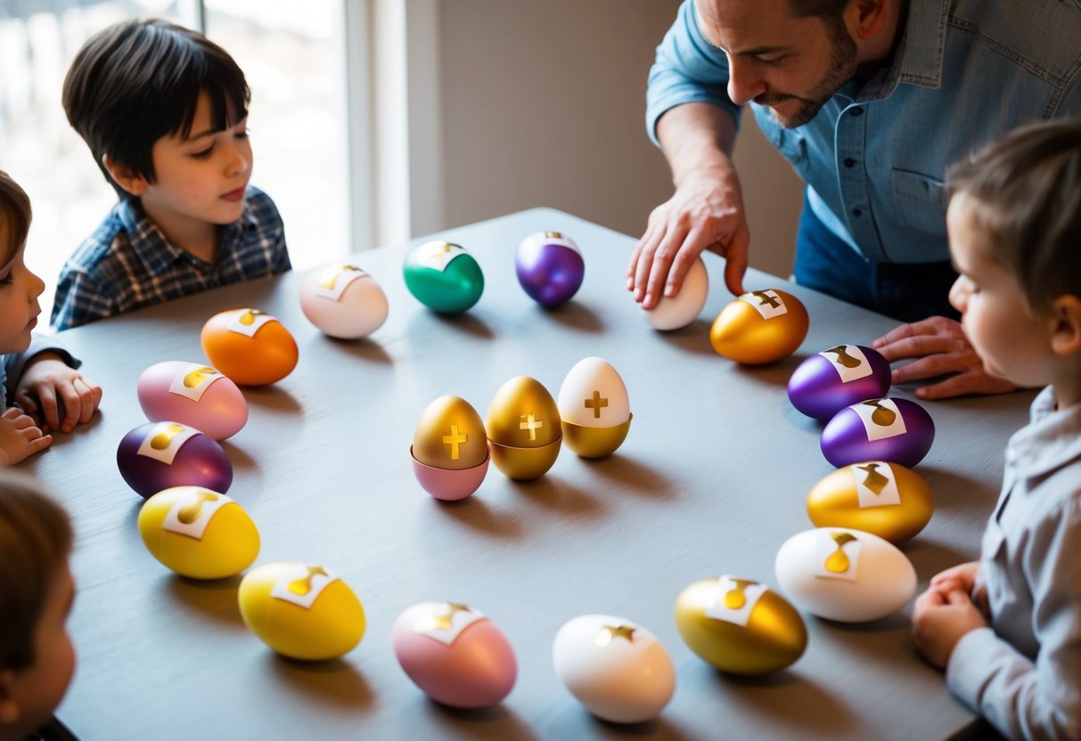 A table with 12 resurrection eggs arranged in a circle, each containing a symbol representing the significance of Easter. A child eagerly listens as an adult opens each egg to tell the story