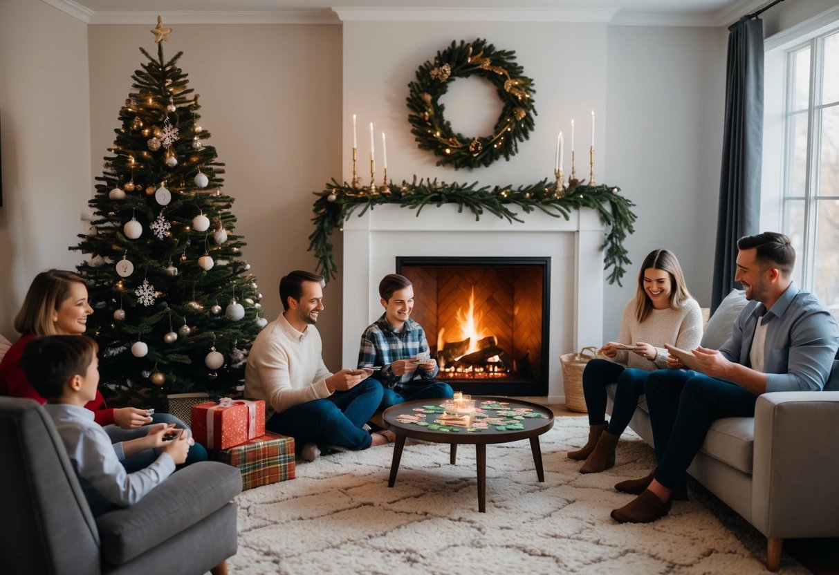 A cozy living room with a crackling fireplace, a decorated Christmas tree, and a family gathered around playing games and sharing stories