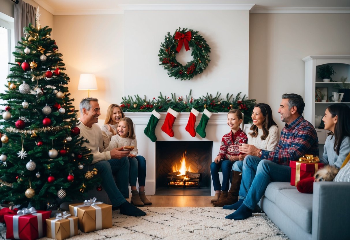 A cozy living room with a crackling fireplace, a decorated Christmas tree, and a family gathered around sharing stories and laughter