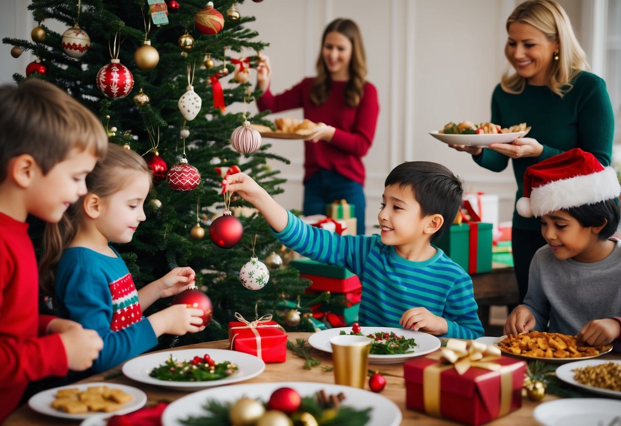 Children decorating a tree with handmade ornaments while neighbors bring food and gifts to share in a festive holiday gathering