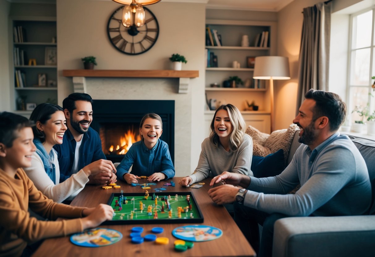 A cozy living room with a crackling fireplace, a table set with board games, and a family gathered around, laughing and enjoying each other's company