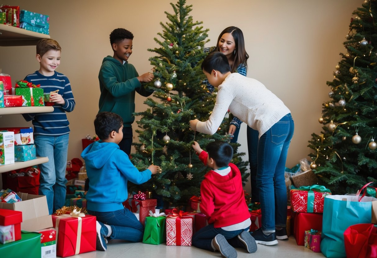 Children and adults working together to decorate a holiday tree at a local shelter, surrounded by donated gifts and food items