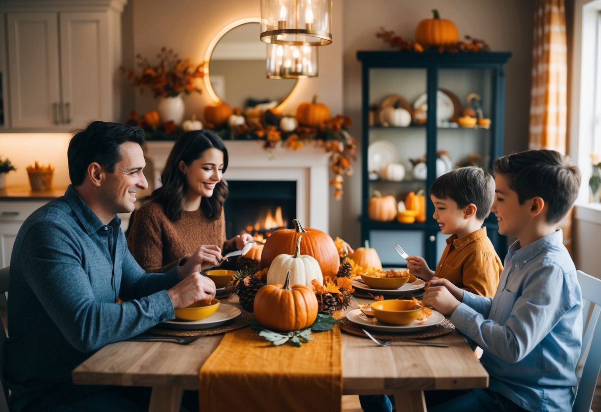 A family of four sits around a table, sharing a meal. The table is adorned with fall decorations and the room is filled with warm, cozy lighting