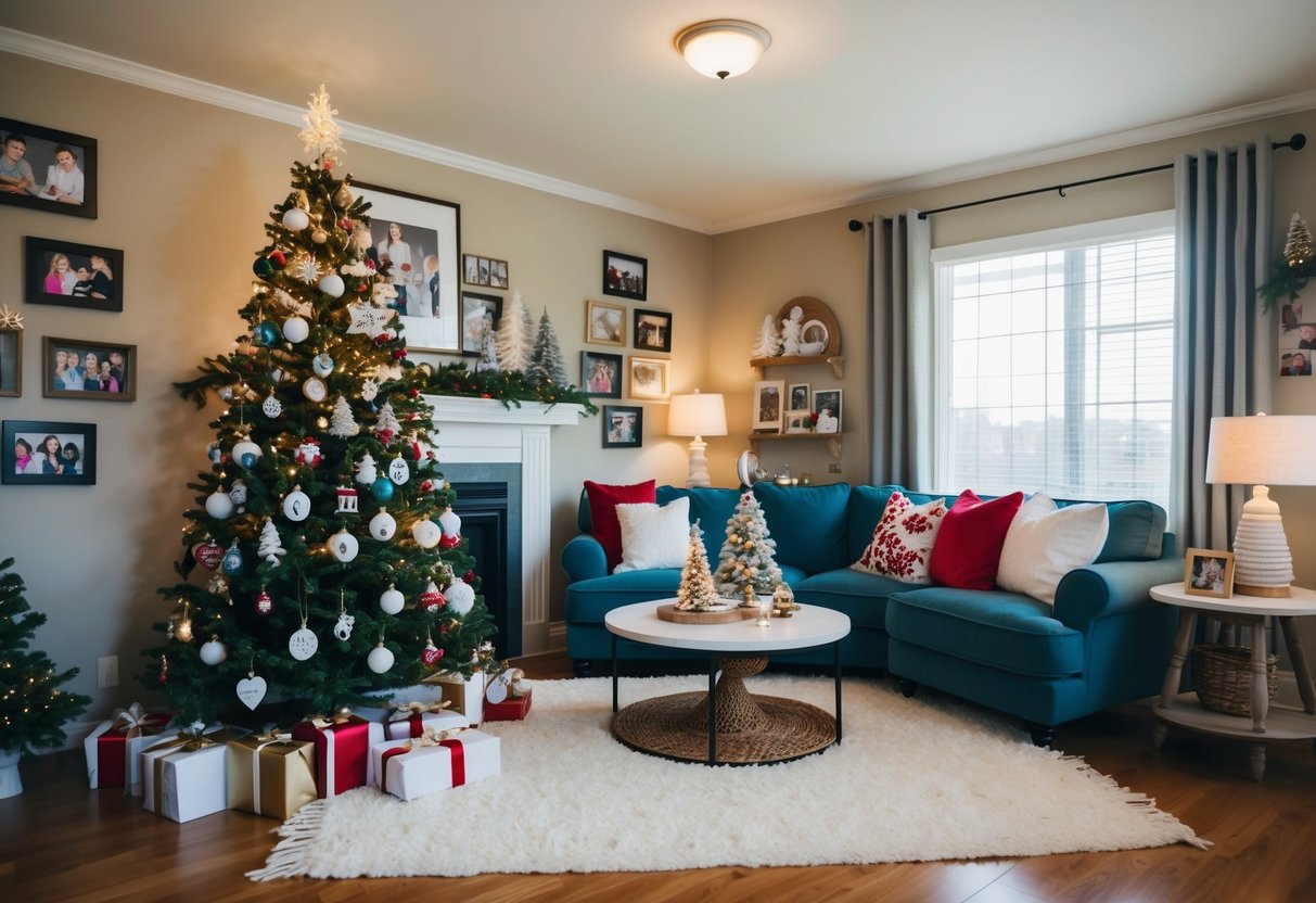 A cozy living room with a decorated Christmas tree surrounded by personalized family ornaments. Family photos and mementos are displayed on the walls, creating a warm and welcoming atmosphere