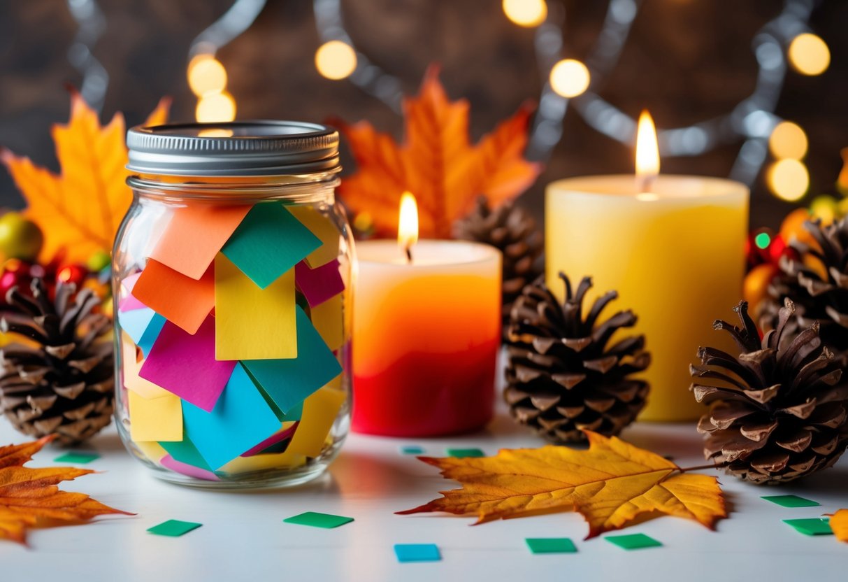 A table with a glass jar filled with colorful paper slips, surrounded by festive decorations like pine cones, candles, and autumn leaves