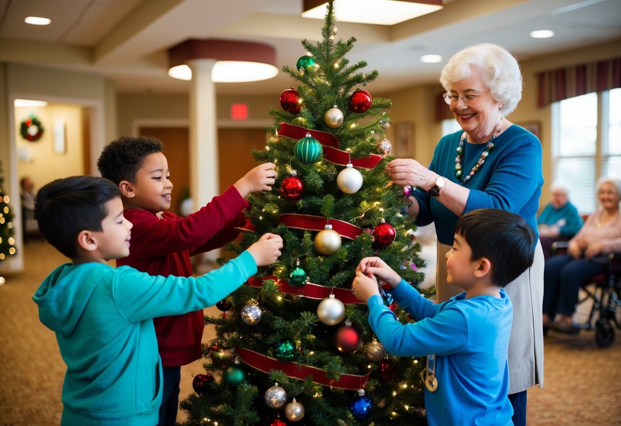 Children decorating a festive tree with ornaments and lights, while seniors watch and smile in a cozy community center