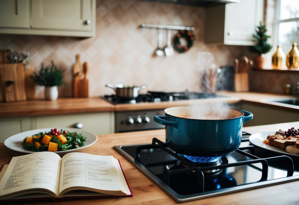 A cozy kitchen with a pot simmering on the stove, a family recipe book open on the counter, and a table set for a festive meal