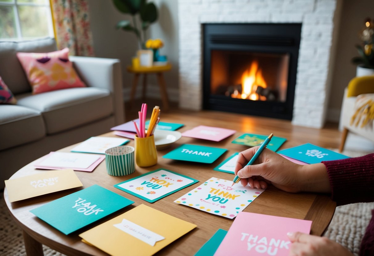 A cozy living room with a crackling fireplace, a table set with colorful stationery, and a variety of thank-you notes being written and decorated