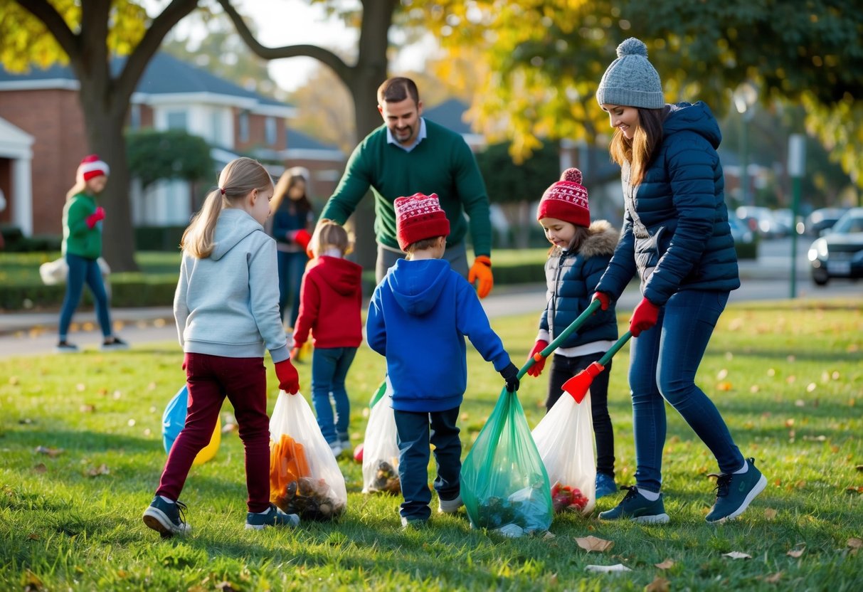 Children picking up trash in a neighborhood park, with adults supervising and teaching about community importance during the holidays