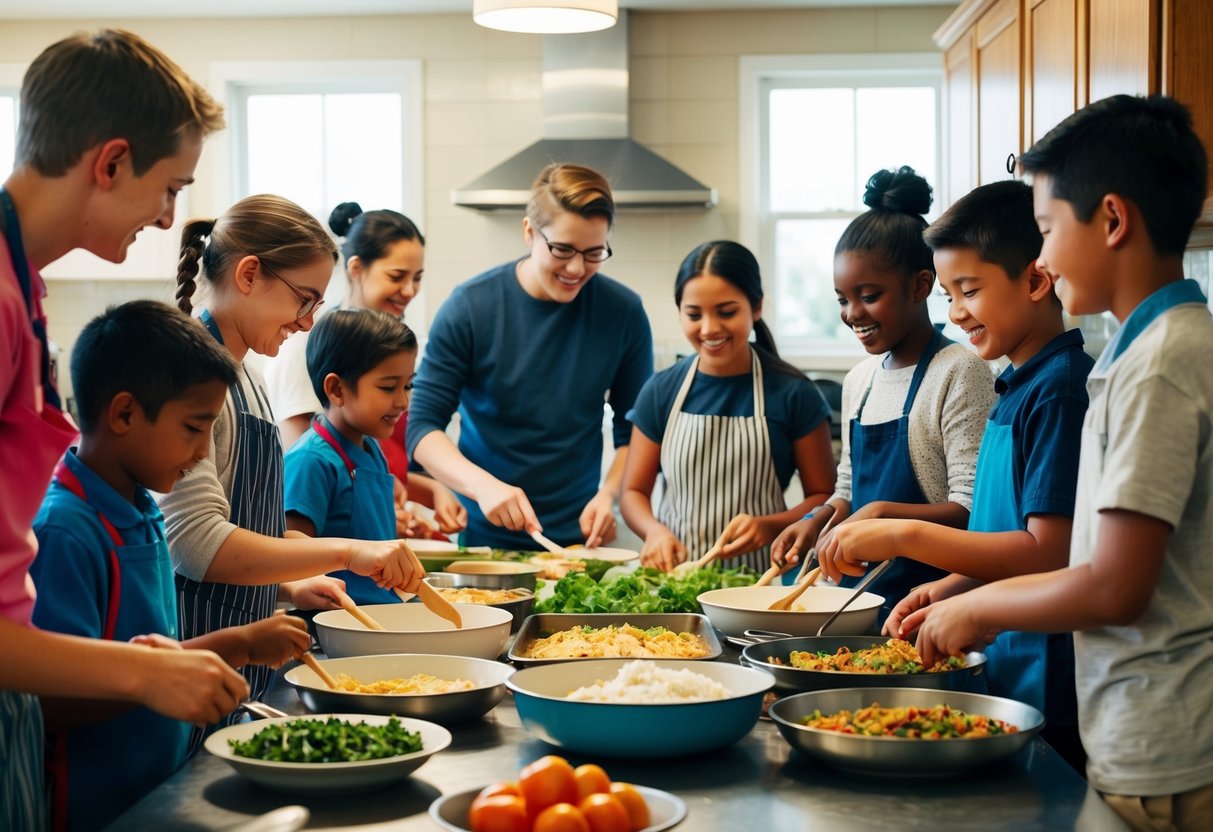 A group of children and adults gather in a communal kitchen, preparing and cooking meals together. Laughter and conversation fill the air as they work together to create dishes for their neighbors