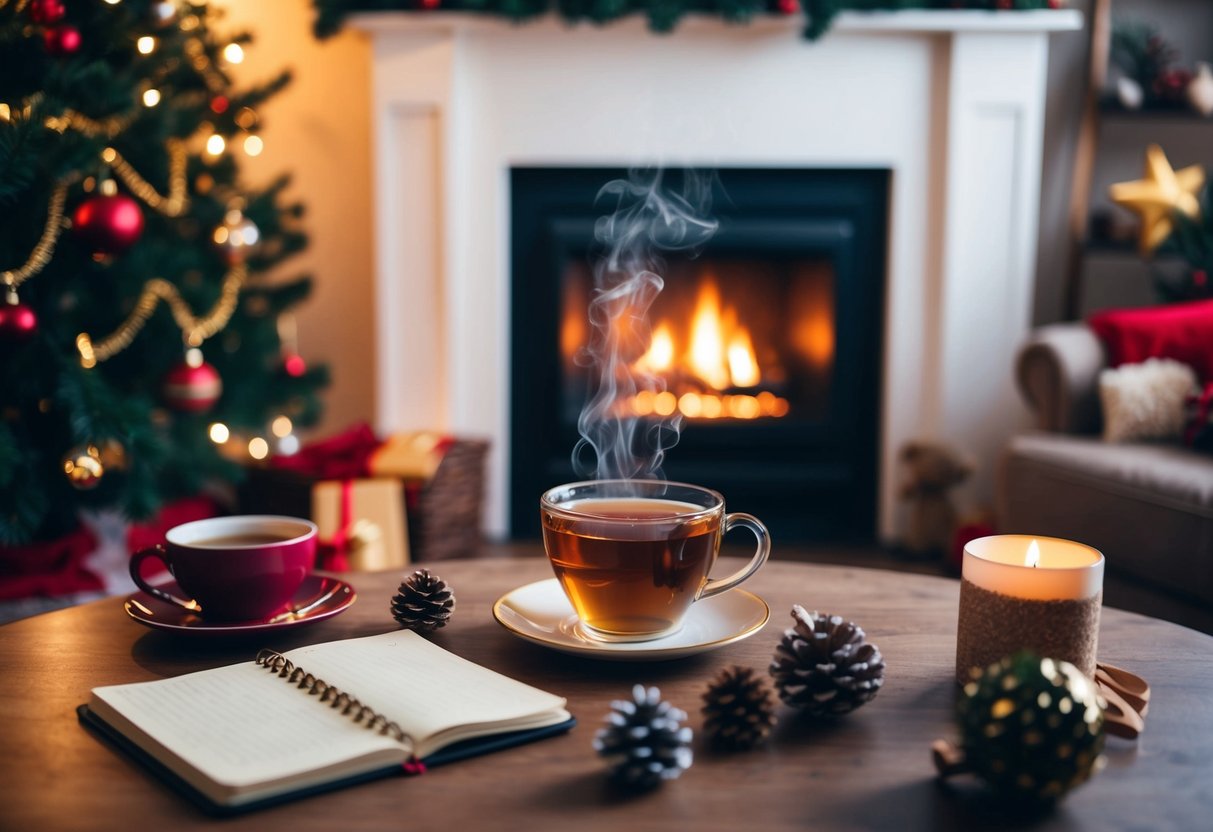 A cozy living room with a crackling fireplace, a steaming cup of tea, and a journal surrounded by festive decorations