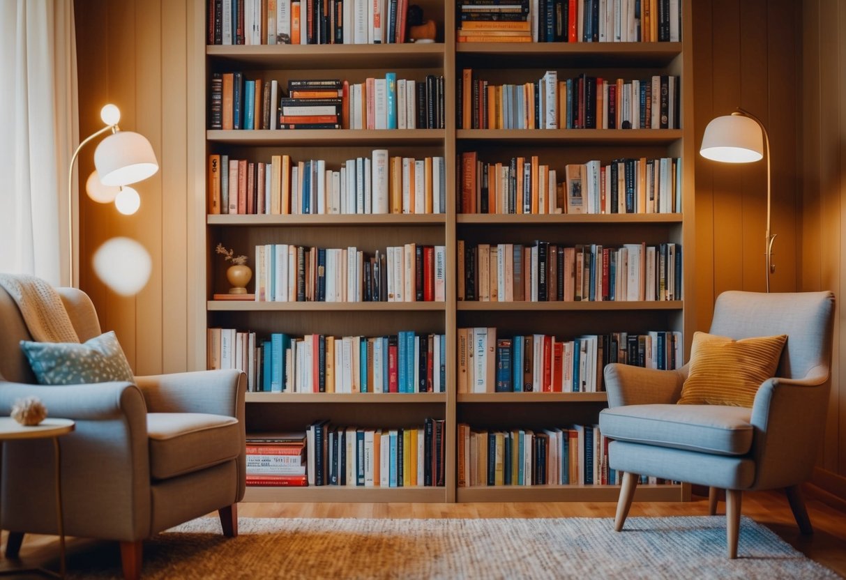 A cozy bookshelf filled with 10 life-changing parenting books, surrounded by a warm and inviting atmosphere with a comfortable chair and soft lighting