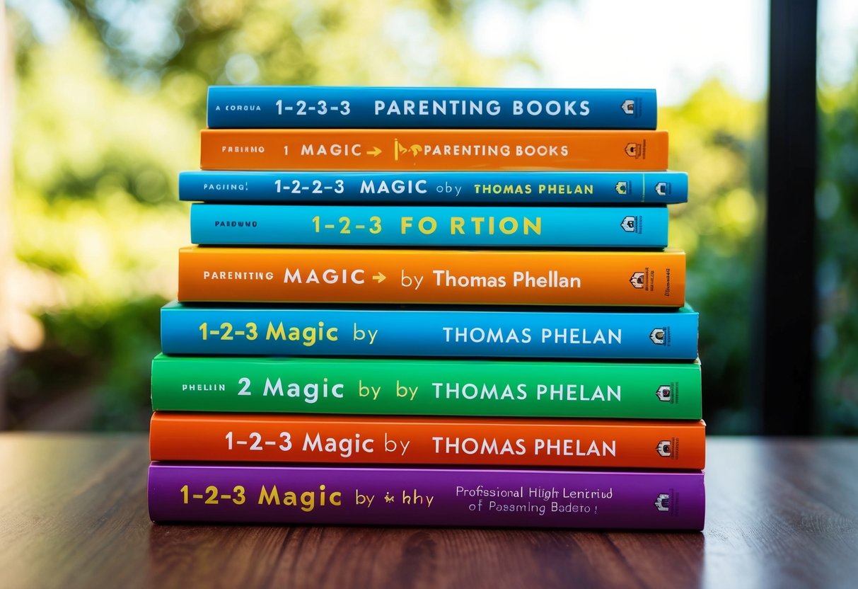 A stack of ten colorful parenting books with "1-2-3 Magic by Thomas Phelan" prominently displayed on top