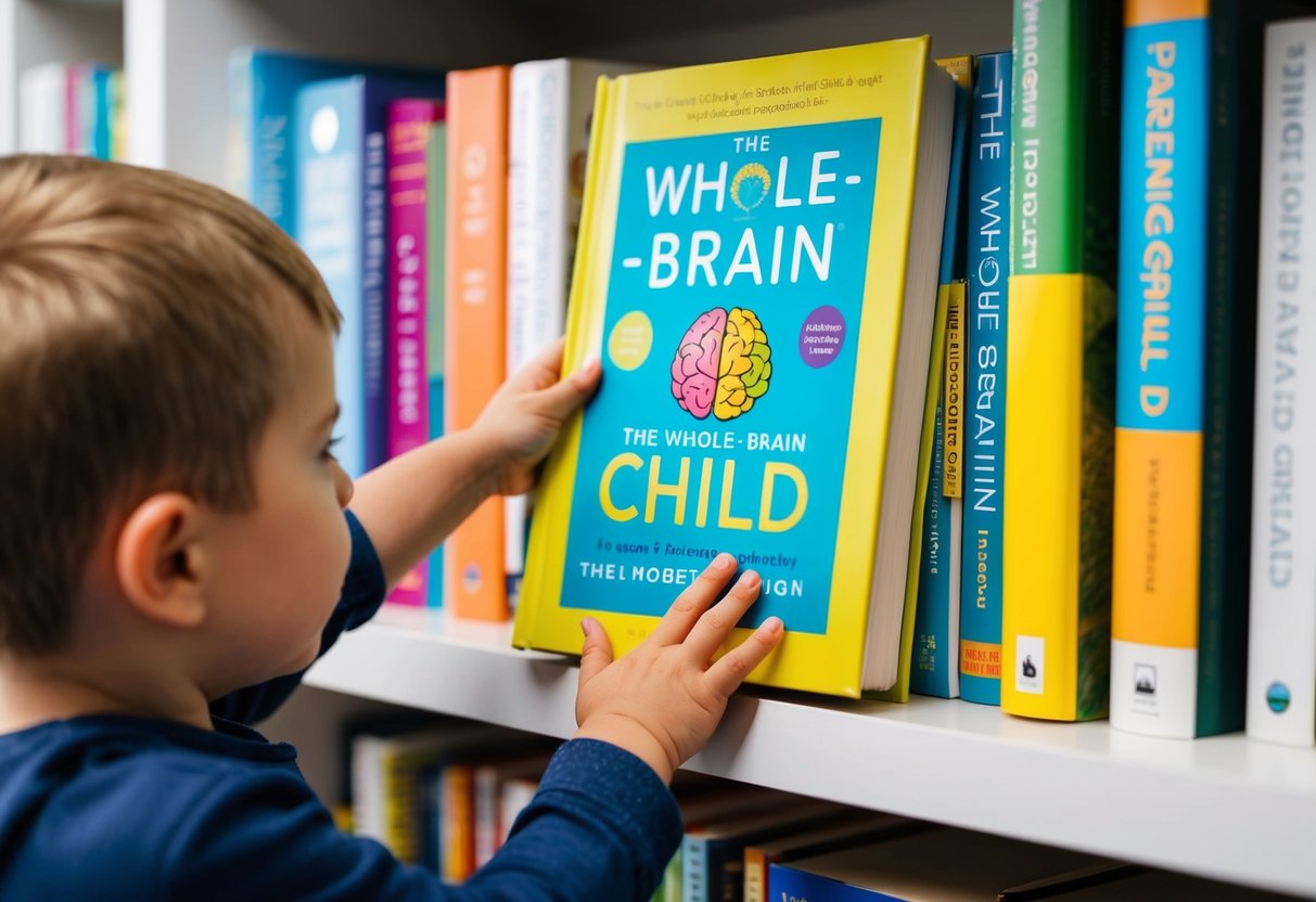 A child's hand reaching for a book titled "The Whole-Brain Child" surrounded by other parenting books on a shelf