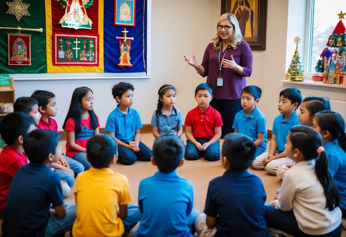 A group of children sitting in a circle, listening to a teacher speak about different religious holidays. A colorful display of symbols and decorations adorns the room