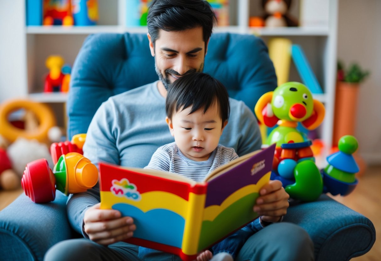 A parent reading a book with a colorful cover, surrounded by toys and a cozy chair