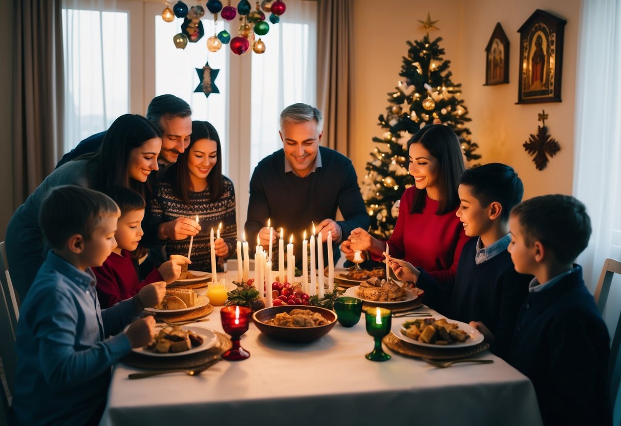 A family gathers around a table, lighting candles and sharing traditional foods. Symbols of different religious holidays are displayed around the room